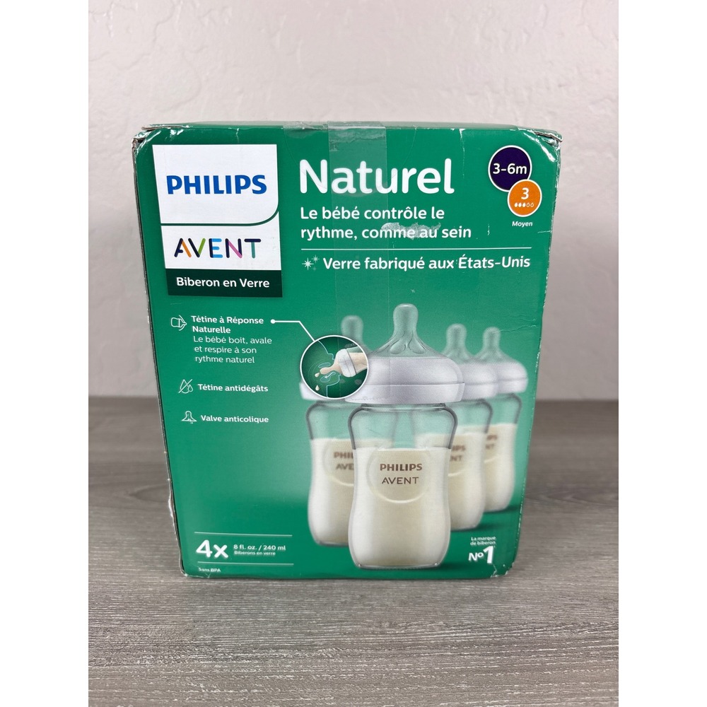 Philips Avent Natural Glass Baby Bottles 8oz 4 Pack 3-6m Clear